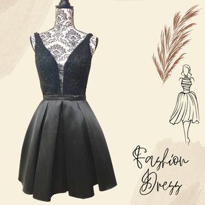 Black Plunging Flare Cocktail Dress - Size 4